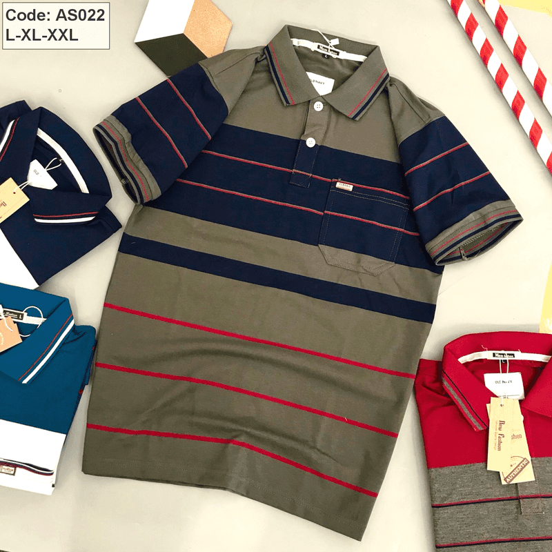Áo Polo Nam Sọc Ngang Có Túi AS026 Thun Cotton Size L-XL-XXL