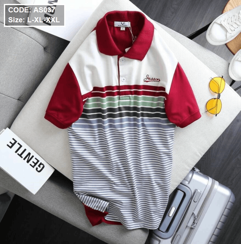 Áo polo nam phối màu sọc ngang tay ngắn xanh trắng AS037