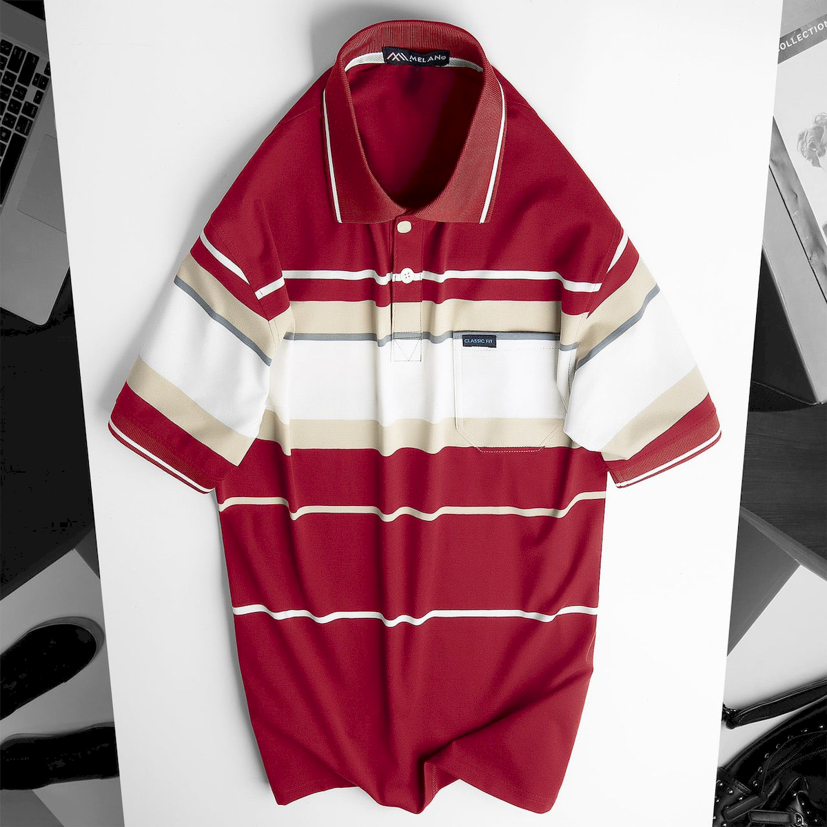 Áo thun sọc nam trung niên cổ bẻ có túi cotton size 3X