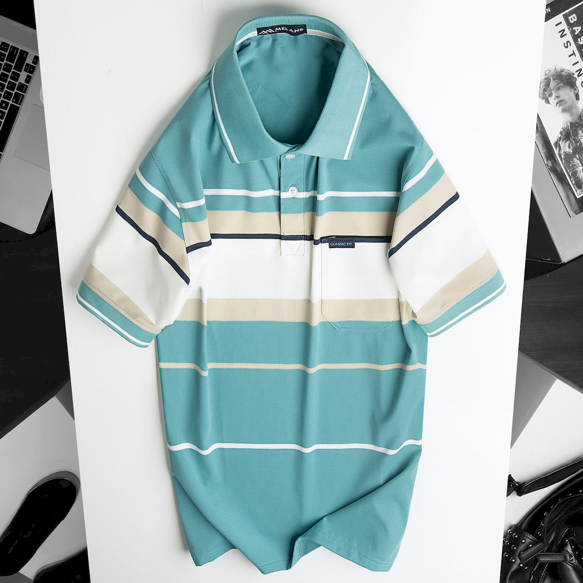 Áo thun sọc nam trung niên cổ bẻ có túi cotton size 3X