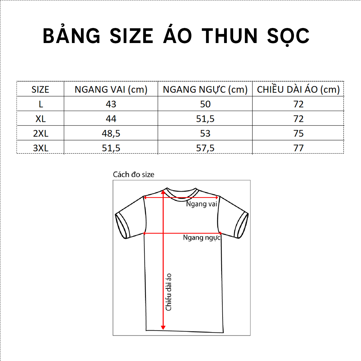 Bảng size áo với số đo vai, ngực và chiều dài