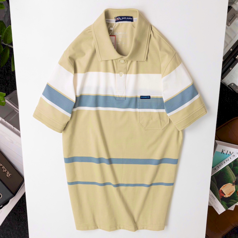 Áo Thun Sọc Nam Trung Niên Phối Màu Cổ Bẻ Có Túi Thun Cotton - Size 3X