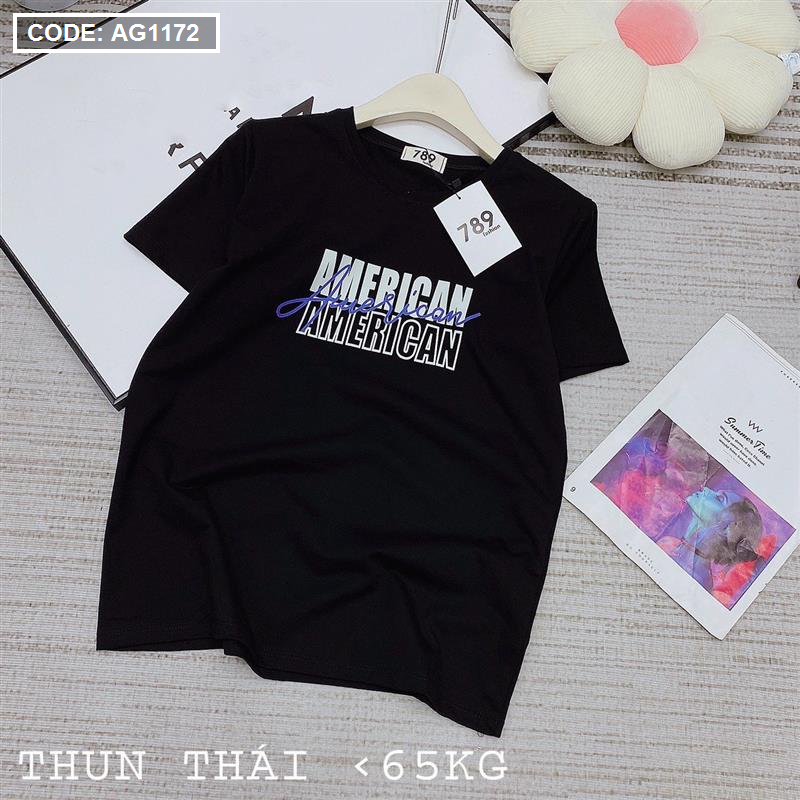 Áo thun nữ thun Thái form rộng in chữ American freesize dưới 65kg