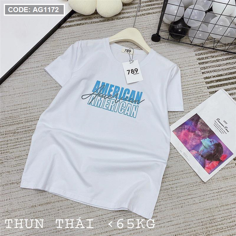 Áo thun nữ thun Thái form rộng in chữ American freesize dưới 65kg
