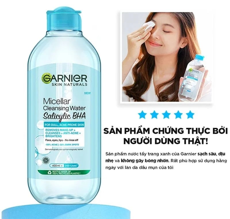 Nước Tẩy Trang Garnier da dầu mụn nắp xanh Skin Naturals Salicilyc BHA Cleansing WaterNước tẩy trang Garnier da dầu mụn nắp xanh – Chanh Cosmetic Box
