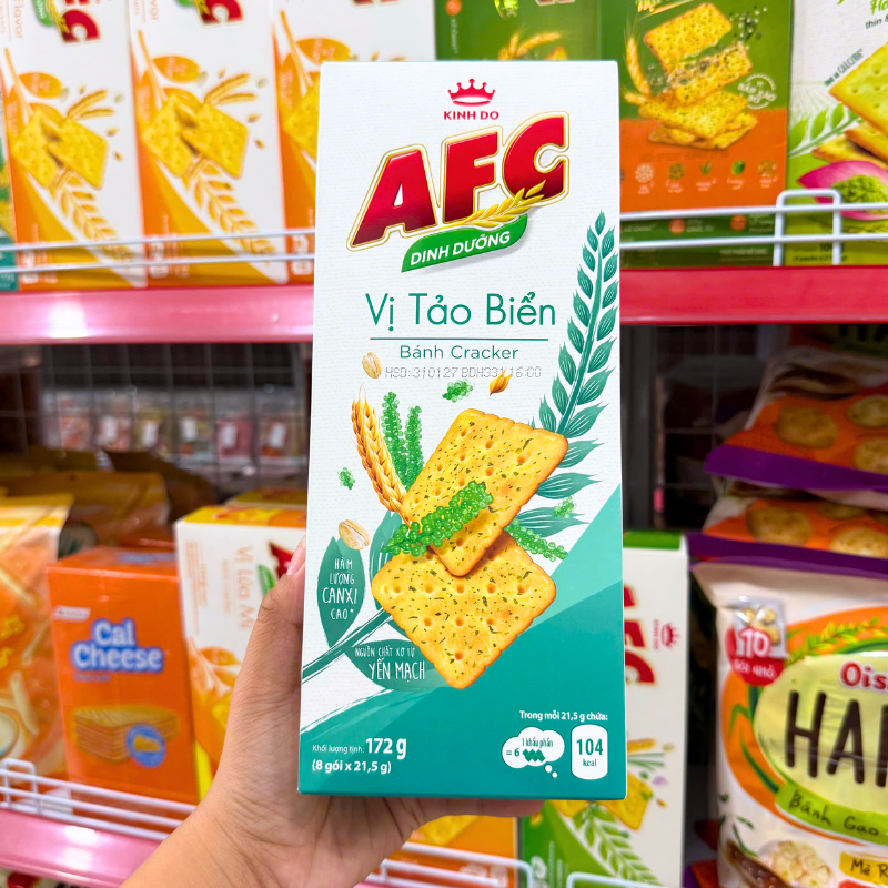 Mặt trước hộp bánh với thông tin vị tảo biển và khối lượng 172g