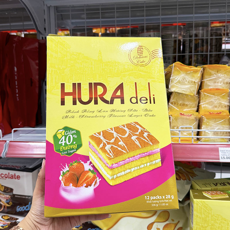 Bánh bông lan Hura Deli hương sữa dâu 336g (12 gói x 28g)