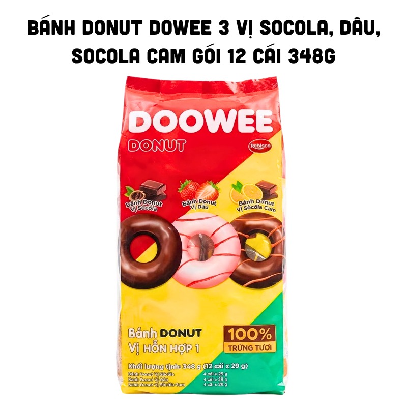 Bánh Donut Dowee 3 Vị Socola, Dâu, Socola Cam Gói 12 Cái 348g