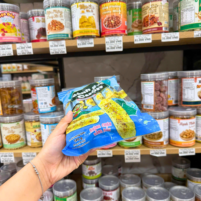 Bao bì thể hiện khối lượng 170g và thông tin không chiên bằng dầu