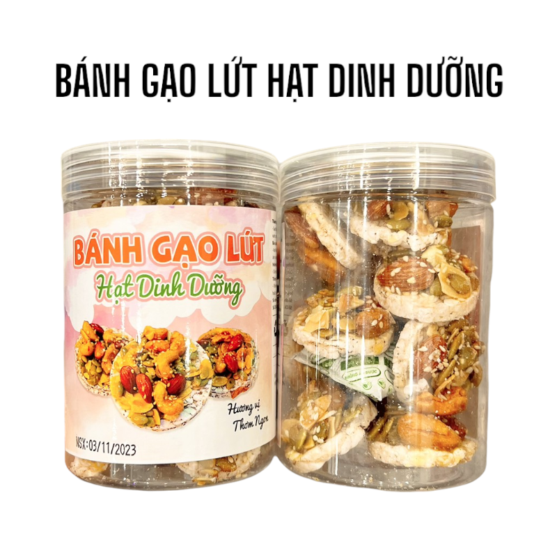 Hộp bánh 200g với nhãn sản phẩm và các miếng bánh phủ hạt nhìn rõ