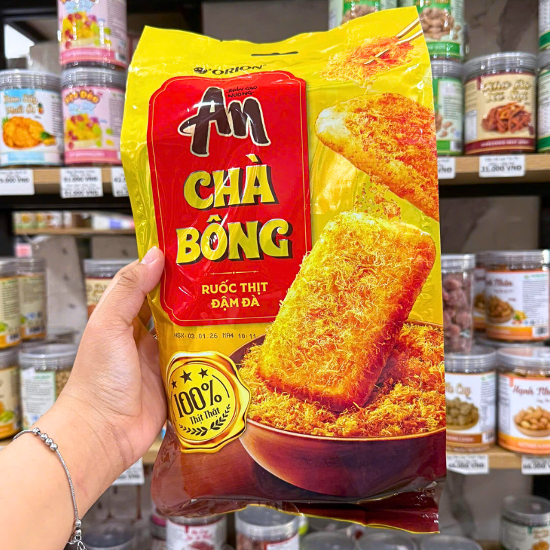 Mặt trước bao bì với tên vị chà bông ruốc thịt đậm đà