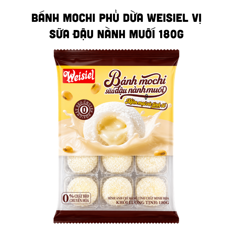 Mặt trước bao bì với hương vị sữa đậu nành muối và khối lượng tịnh 180g