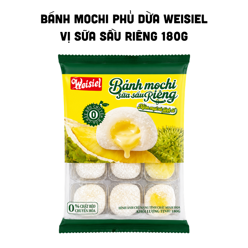 Hình sản phẩm thể hiện lớp mochi phủ dừa và nhân sữa sầu riêng