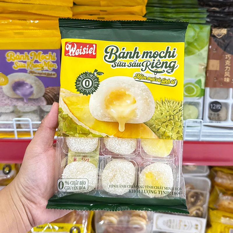 Mặt trước bao bì với hình minh họa bánh và thông tin 180g