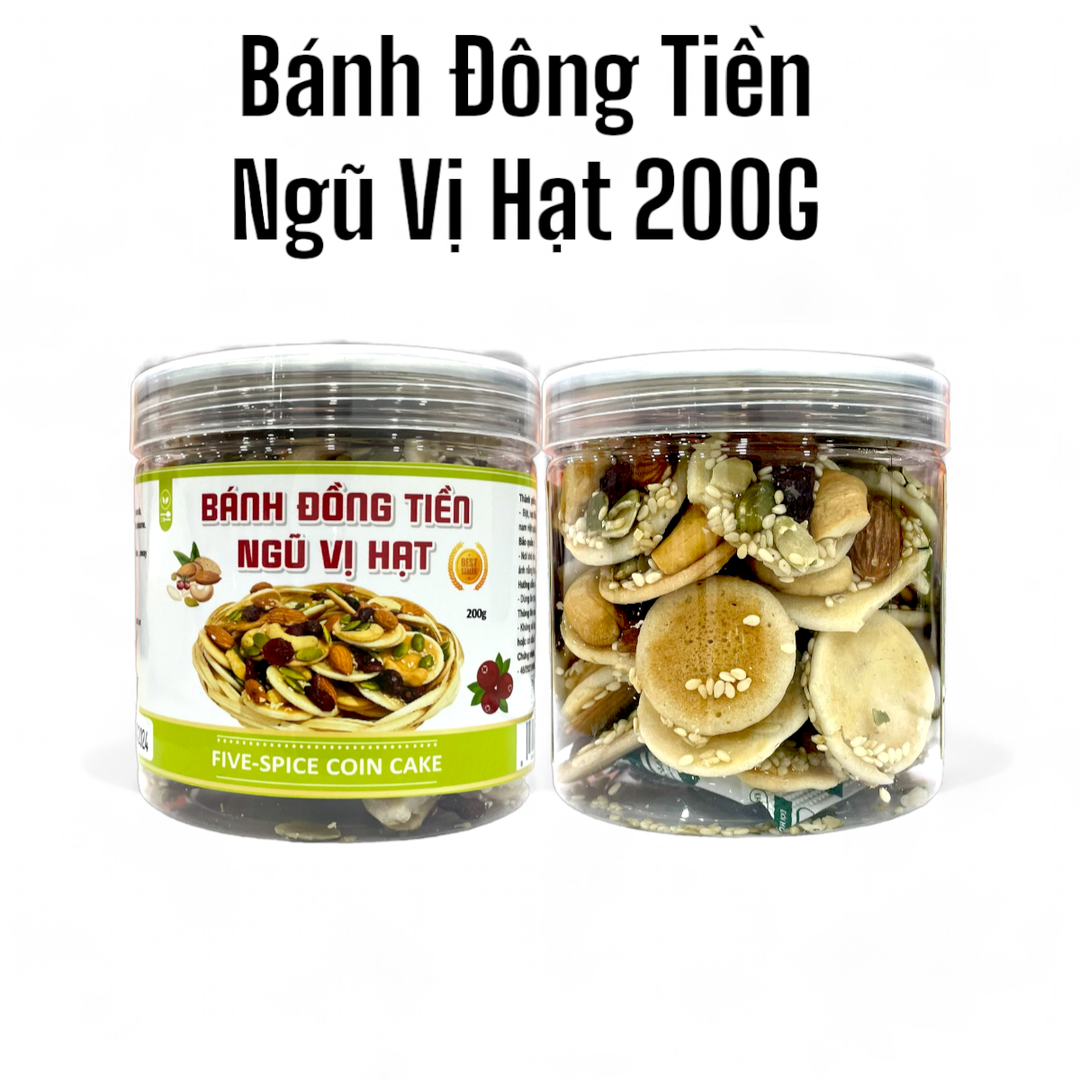 Hũ bánh đồng tiền ngũ vị hạt 200g và hình ảnh sản phẩm bên trong