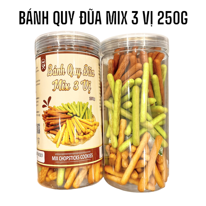 Hình ảnh tổng thể hộp bánh quy đũa mix 3 vị 250g
