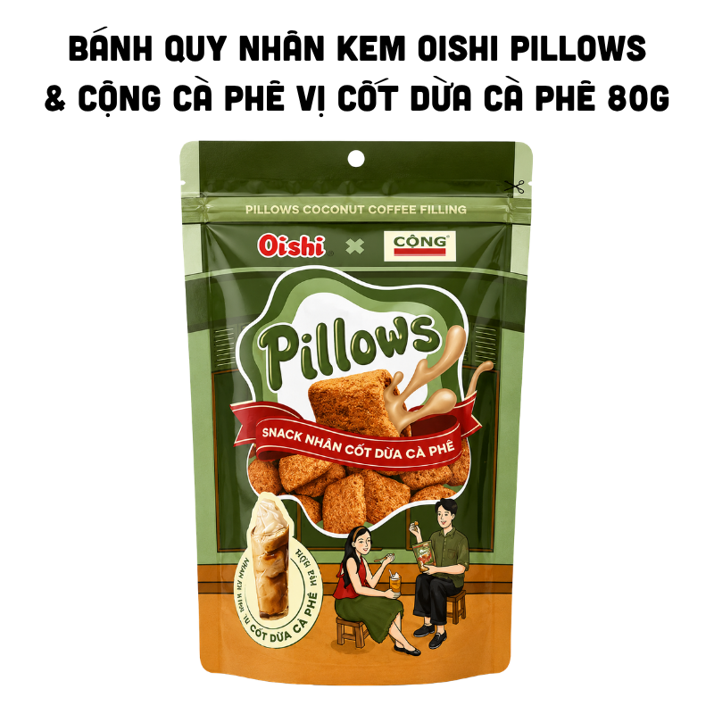Bánh Quy Nhân Kem OISHI PILLOWS x Cộng Cà Phê Vị Cốt Dừa Cà Phê 80g