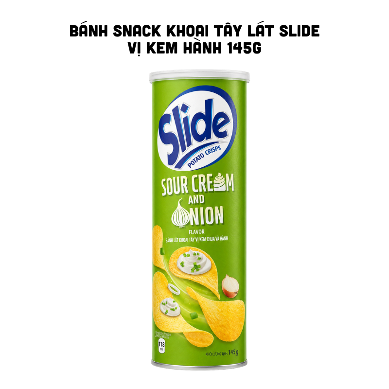 Bánh Snack Khoai Tây Lát Slide Vị Kem Hành - Bánh Slide Khoai Tây Màu Xanh Lá 145Gr (Hộp To)