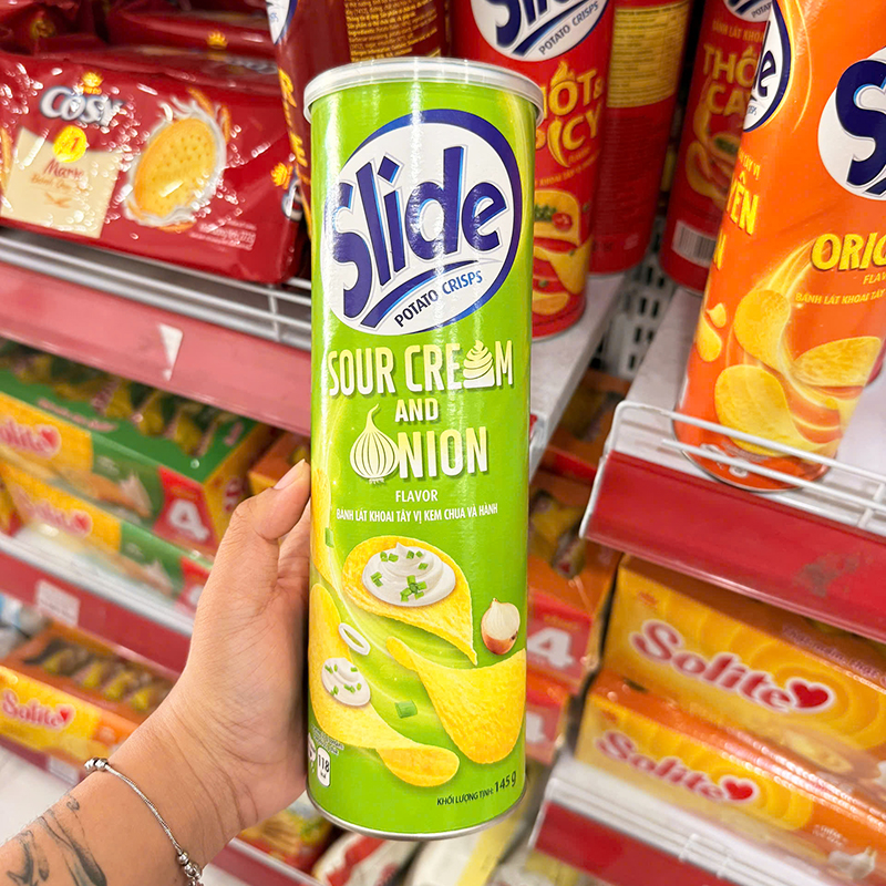 Bánh Snack Khoai Tây Lát Slide Vị Kem Hành - Bánh Slide Khoai Tây Màu Xanh Lá 145Gr (Hộp To)