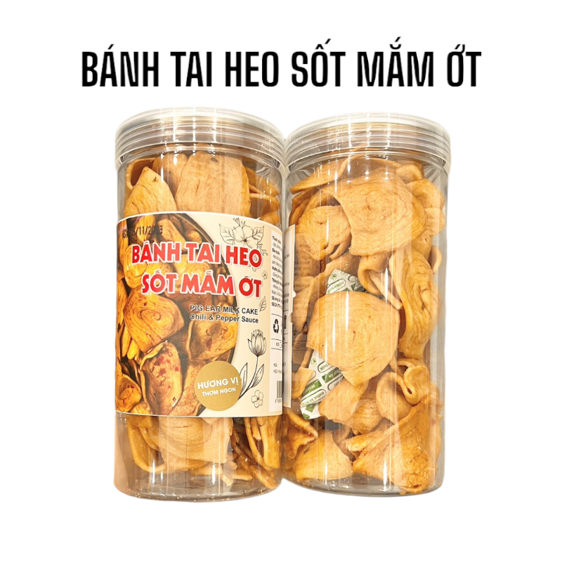 Mẫu bao bì thể hiện dòng bánh tai heo sốt mắm ớt.