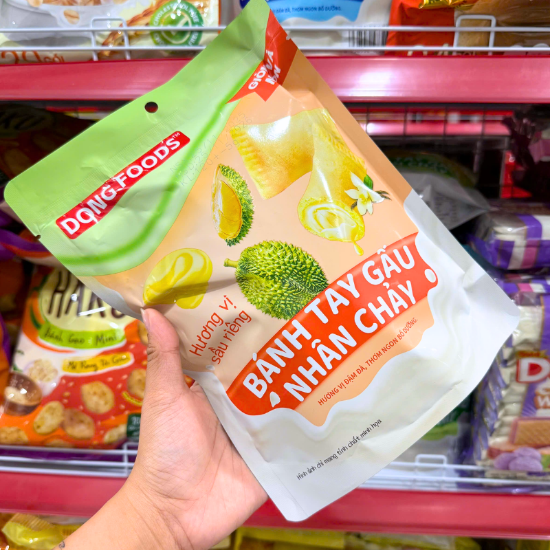 Mặt trước bao bì với hình minh họa sầu riêng và bánh nhân chảy