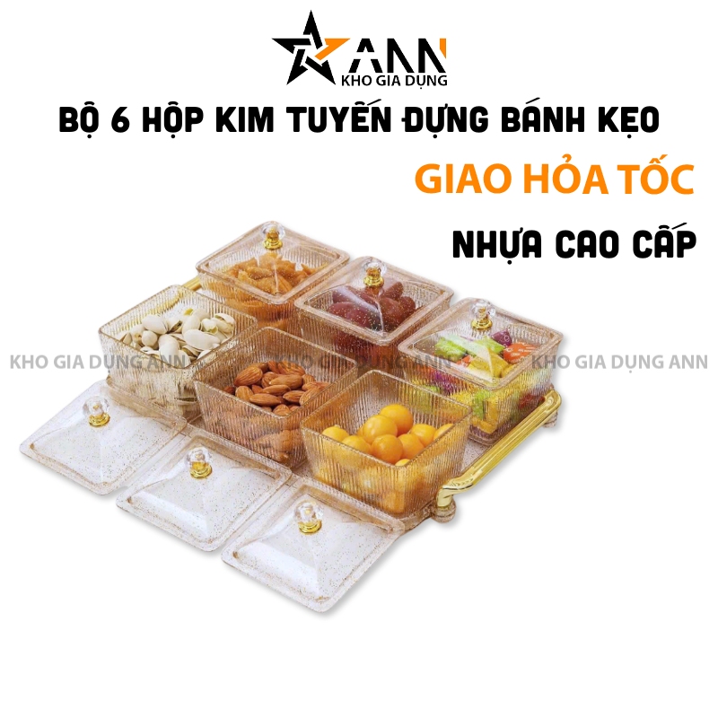 Mặt trước sản phẩm với bố cục 6 hộp và khay đựng