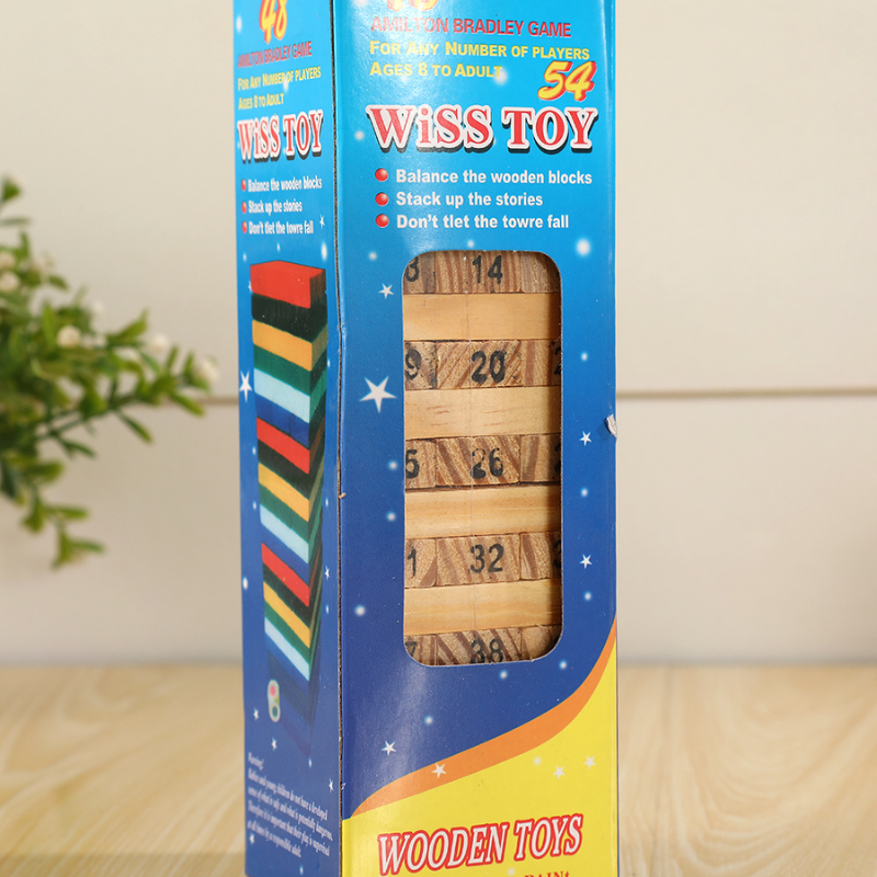 Hộp sản phẩm với thông tin 54 wood pieces trên bao bì