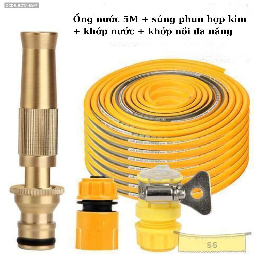 Bộ sản phẩm gồm ống nước 5m, đầu phun và các khớp nối đi kèm