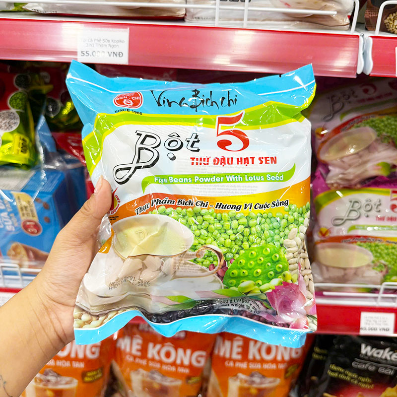 Mặt trước bao bì với hình ảnh 5 loại đậu và hạt sen