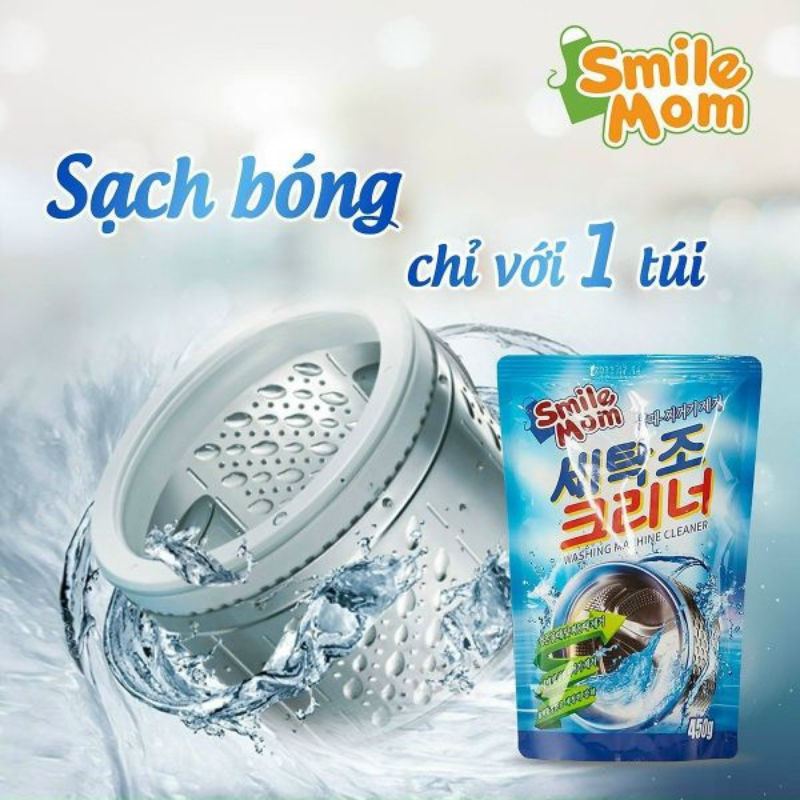 Thiết kế túi sản phẩm Smile Mom trên nền minh họa lồng giặt