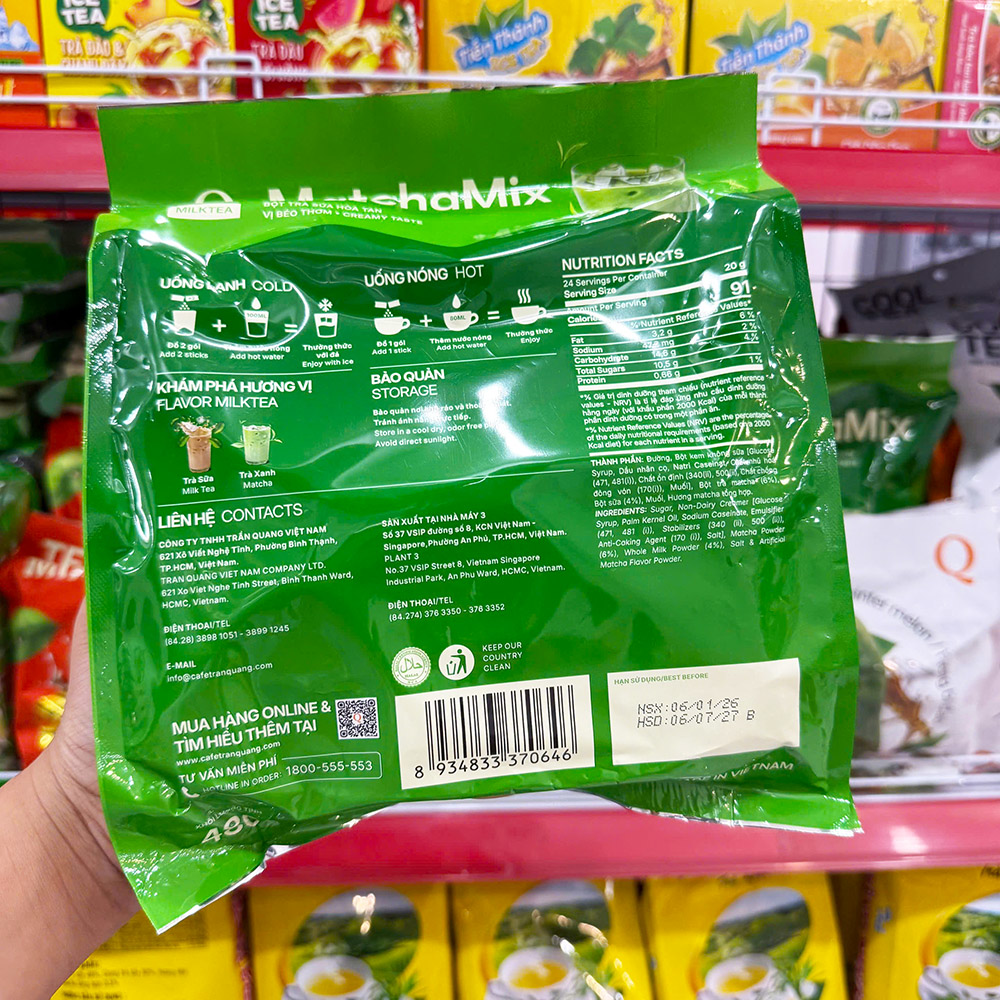 Hướng dẫn pha nóng, pha lạnh và thông tin bảo quản ở mặt sau