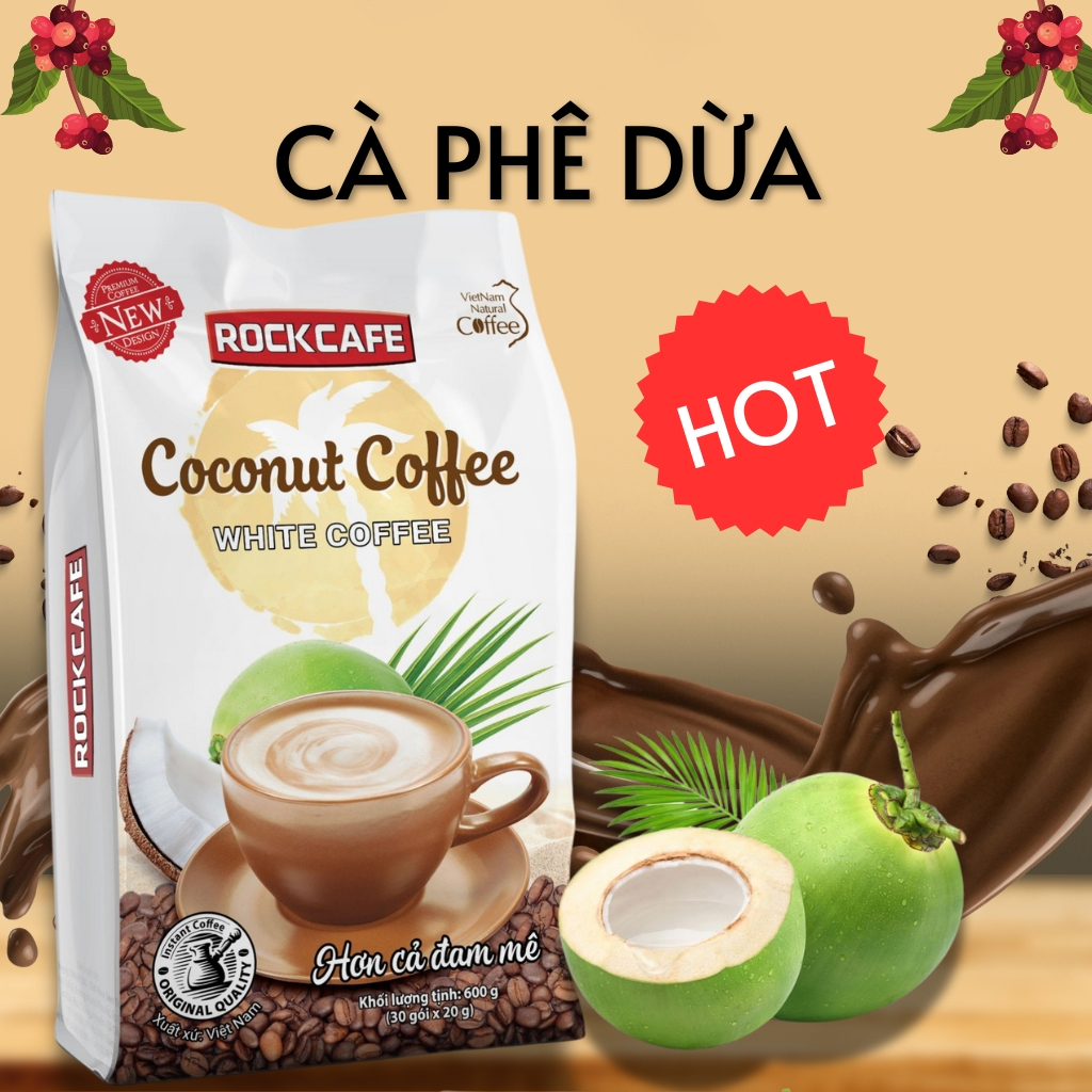 Bao bì mặt trước với hình ly cà phê và trái dừa xanh