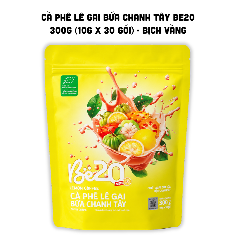 Bao bì màu vàng với họa tiết trái cây và thông tin quy cách 300g