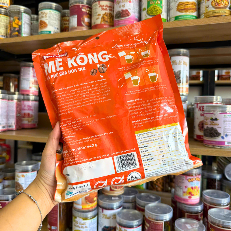 Mặt sau bao bì thể hiện hướng pha, quy cách và bảng thông tin sản phẩm