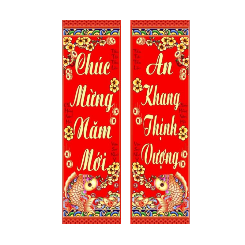 Cận cảnh 1 cặp liễn đỏ họa tiết cá chép và chữ ánh vàng