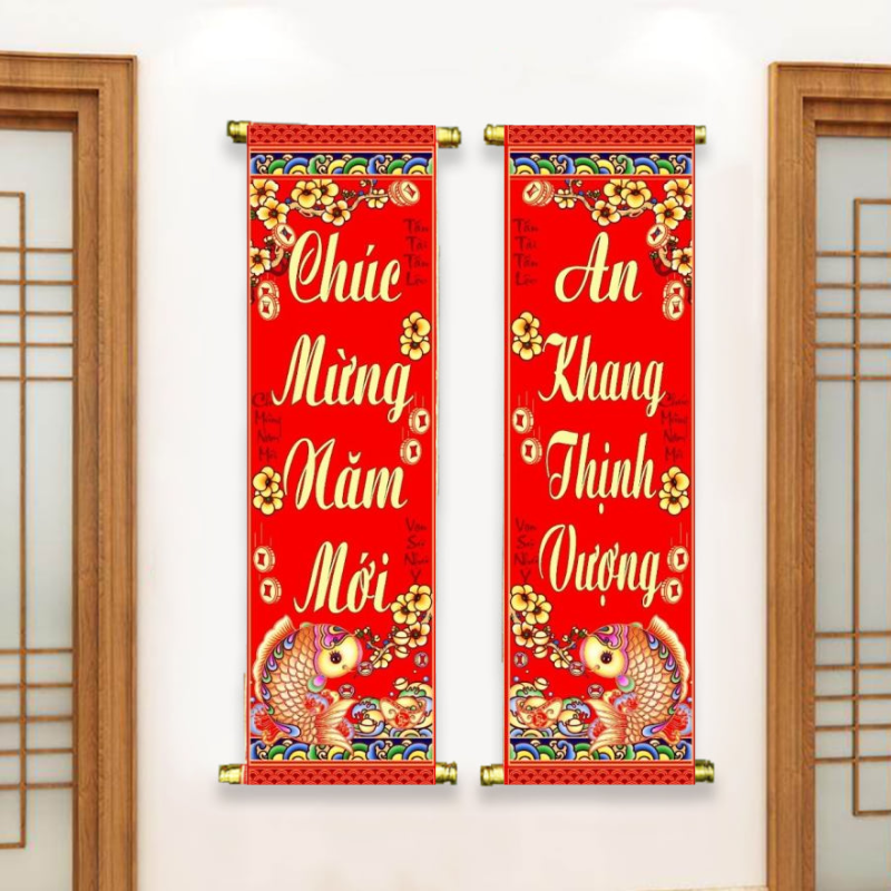 Gợi ý treo cặp câu đối hai bên cửa để tạo điểm nhấn không gian