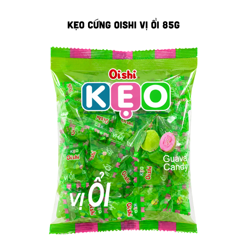 Mặt trước bịch xanh lá, nhận diện vị ổi (Guava Candy) và khối lượng 85g
