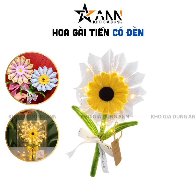 Hoa Gài Tiền Hướng Dương Trong Suốt Có Đèn Chớp Hoa Sáp
