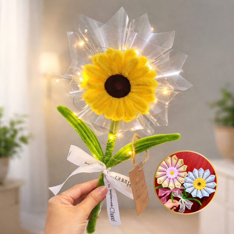 Hoa Gài Tiền Hướng Dương Trong Suốt Có Đèn Chớp Hoa Sáp