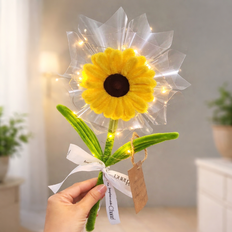 Hoa Gài Tiền Hướng Dương Trong Suốt Có Đèn Chớp Hoa Sáp