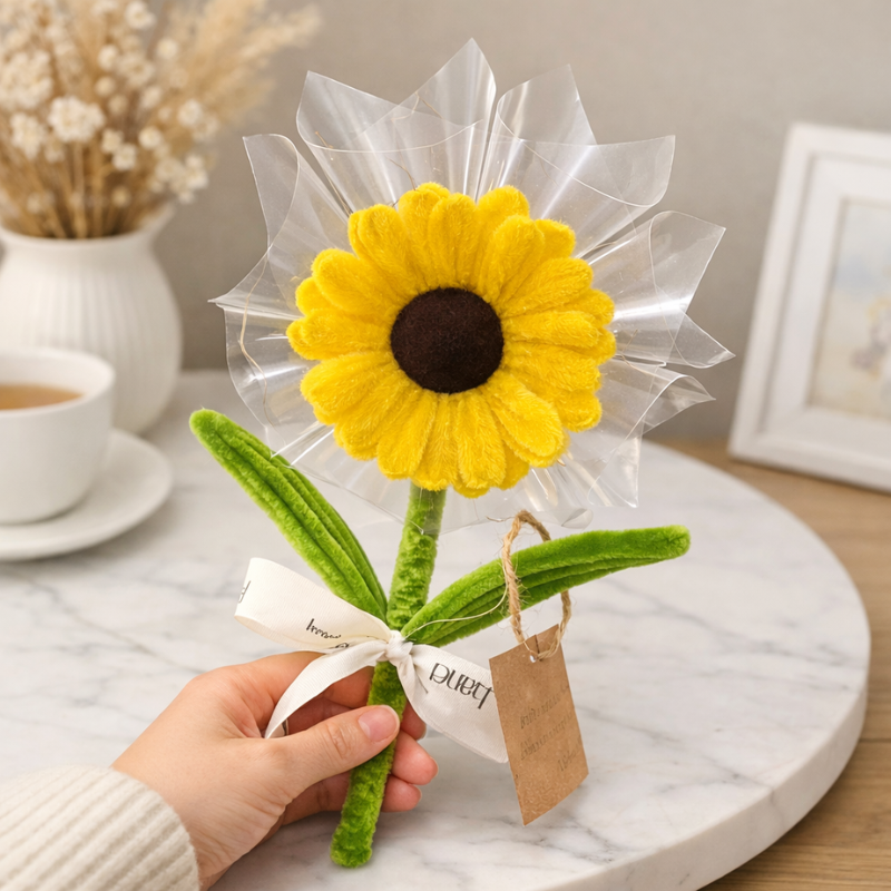 Hoa Gài Tiền Hướng Dương Trong Suốt Có Đèn Chớp Hoa Sáp