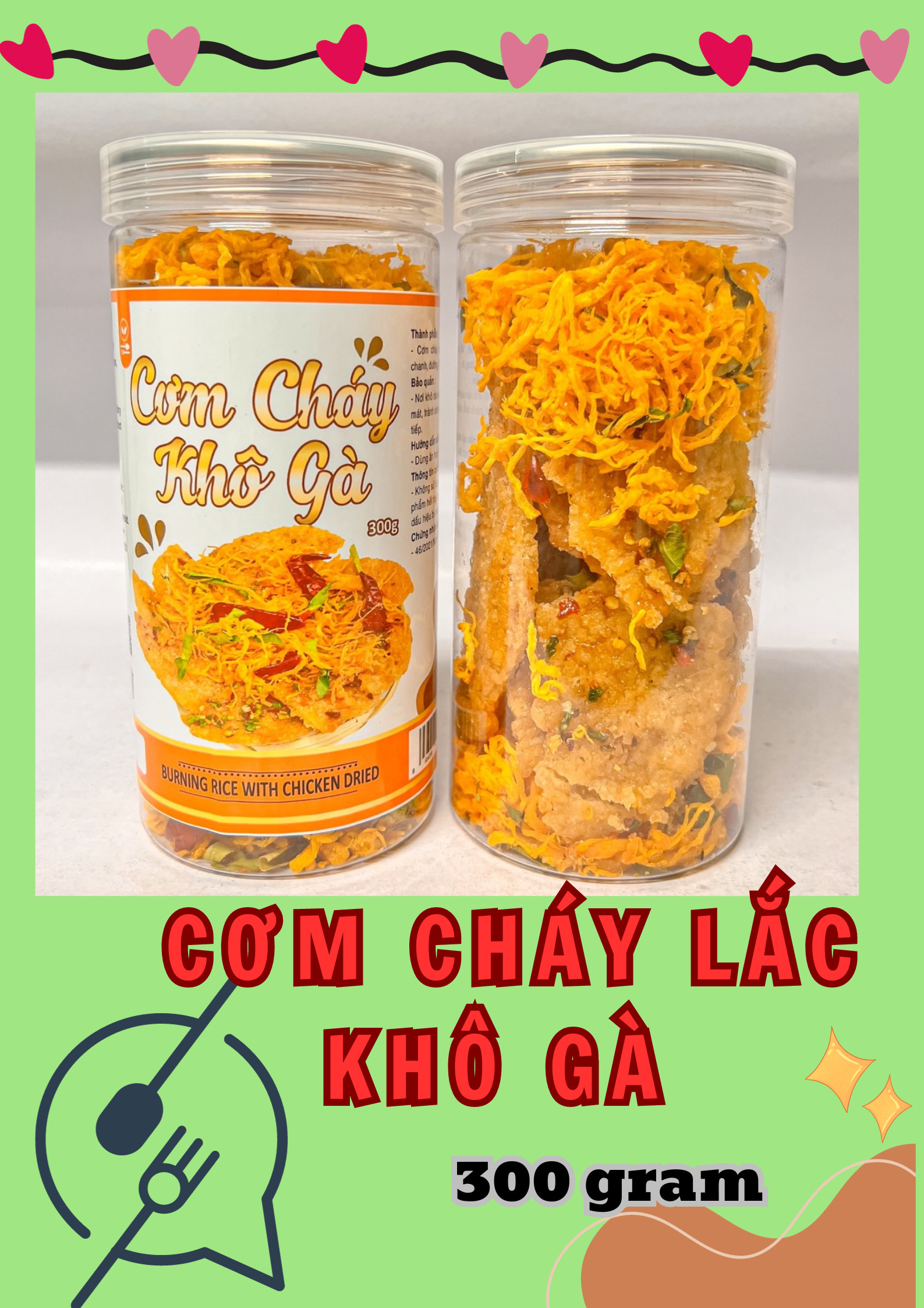 Cận cảnh cơm cháy miếng và lớp khô gà sợi bên trên
