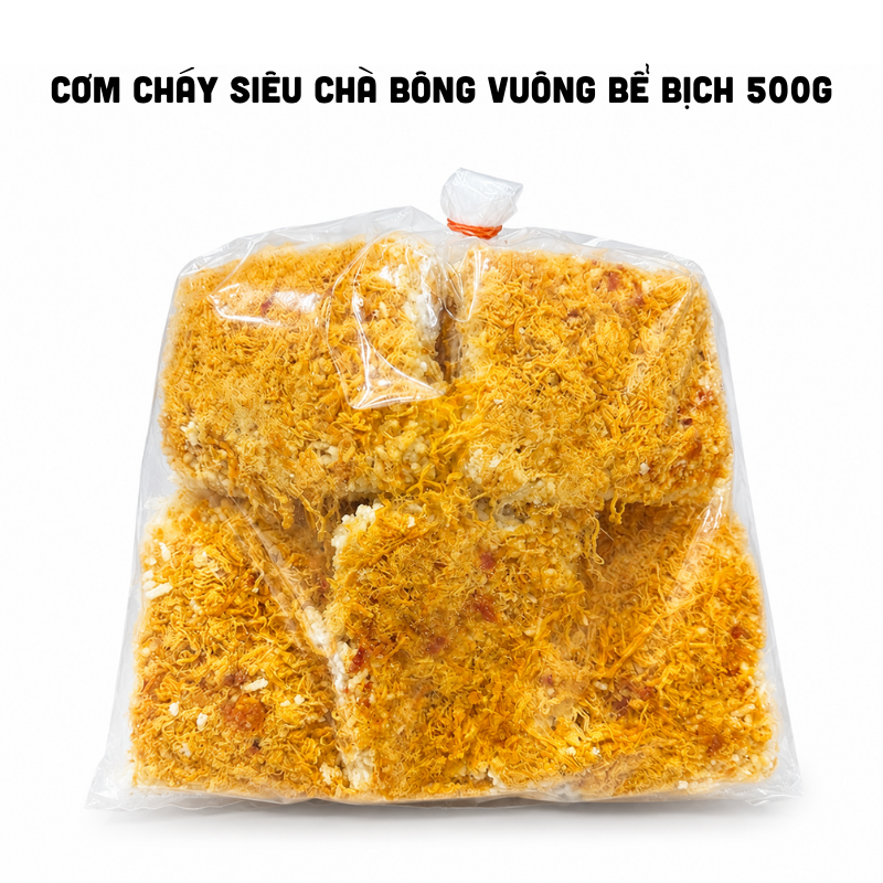 Bịch cơm cháy vuông bể phủ chà bông đầy bề mặt