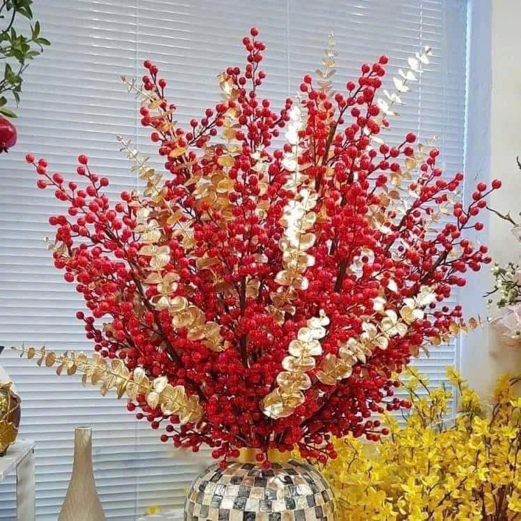 Combo 10 cành đông đào đỏ 12 nhánh trang trí Tết