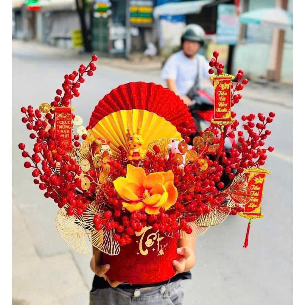 Combo 10 cành đông đào đỏ 12 nhánh trang trí Tết