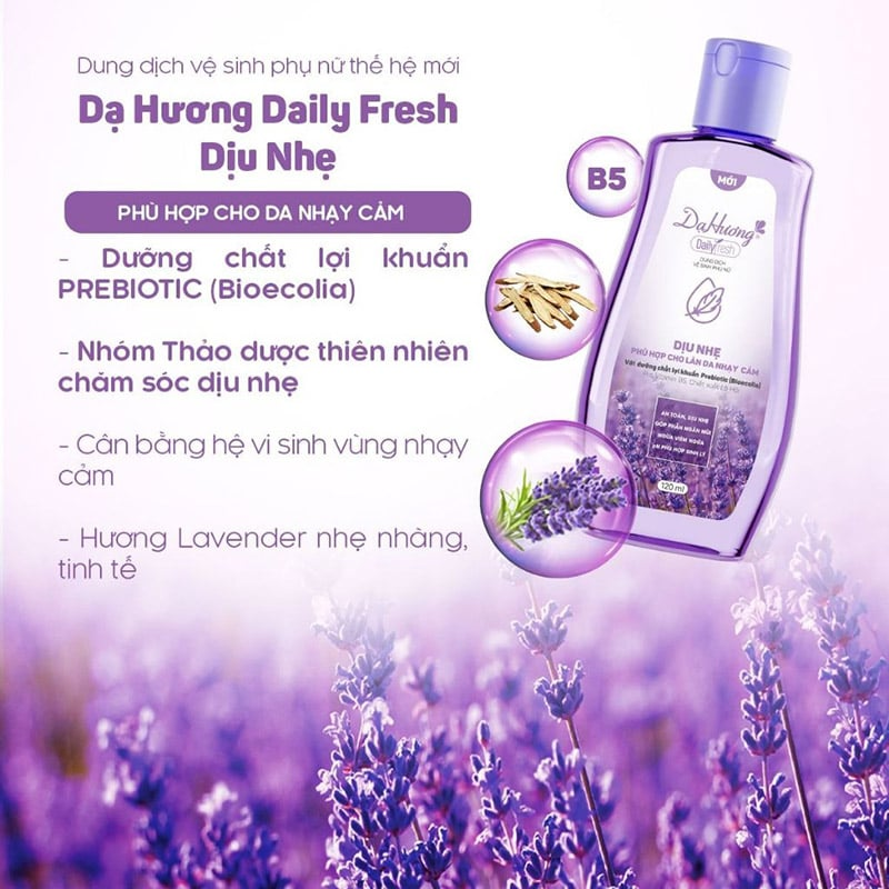 Hình sản phẩm kèm các điểm nhấn về prebiotic, B5 và hương lavender