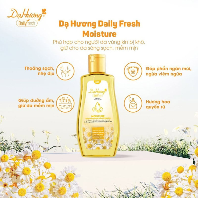 Hình chai Moisture màu vàng cùng các điểm nổi bật về làm sạch, dưỡng ẩm và hương hoa