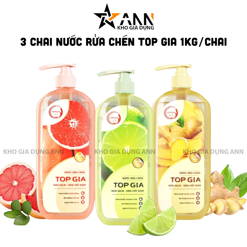 Combo 3 Chai Nước Rửa Chén Top Gia Hương Chanh Tươi - Hương Gừng - Hương Bưởi Hồng 1kg/Chai - Set 3 Chai