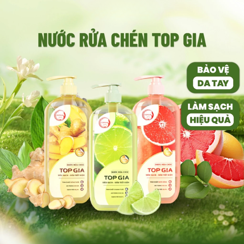 Combo 3 Chai Nước Rửa Chén Top Gia Hương Chanh Tươi - Hương Gừng - Hương Bưởi Hồng 1kg/Chai - Set 3 Chai