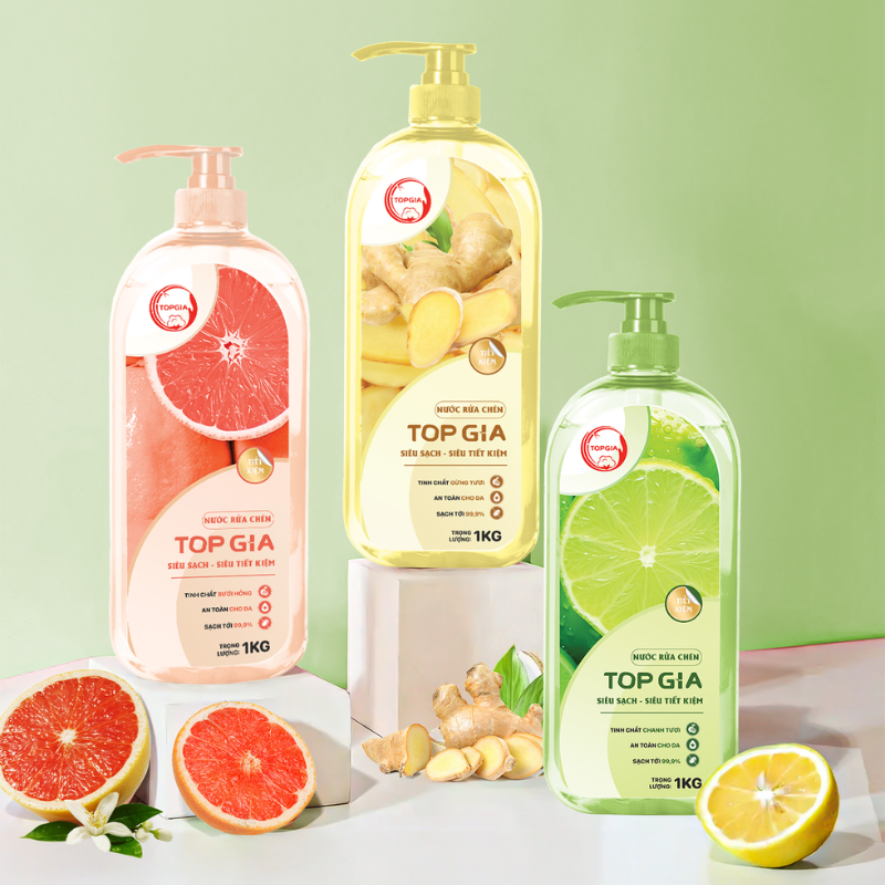 Combo 3 Chai Nước Rửa Chén Top Gia Hương Chanh Tươi - Hương Gừng - Hương Bưởi Hồng 1kg/Chai - Set 3 Chai